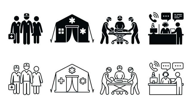 Medical staff and emergency service icons set vector illustration of doctors, field hospital, surgery, and emergency call center in solid and line style