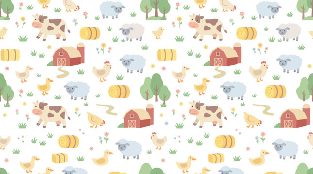 Cute Flat Cartoon Farm Animals, Barns, and Hay Bales Seamless Pattern. Agriculture and Rural Life Illustration.