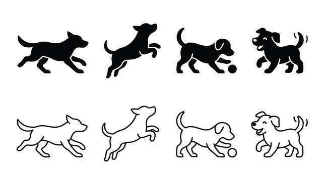 Set of cute dog icons in solid and outline style vector illustration of happy puppies playing, running, and jumping