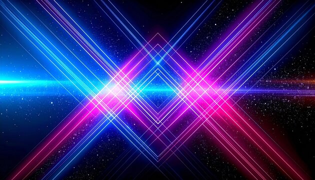 ネオン サイバー 幾何学 近未来 テクノロジー 交差 直線 星屑 抽象的 閃光 レーザー 鮮やか ピンク ブルー 宇宙 デジタル 輝き スピード感 次元 ネットワーク