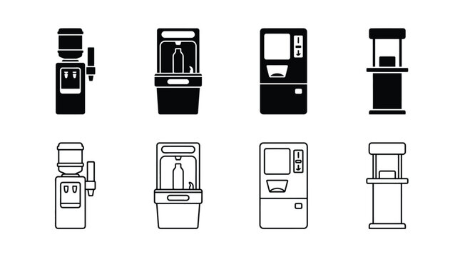 Set of water dispenser and vending machine icons, including office water cooler, bottle filling station, snack vending machine, and kiosk