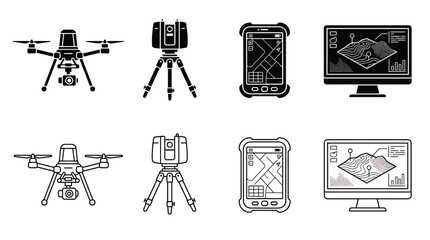Set of surveying and mapping equipment icons, including drone, laser scanner, handheld data collector, and computer monitor with topographic map, vector illustration © PixelAura_Studio