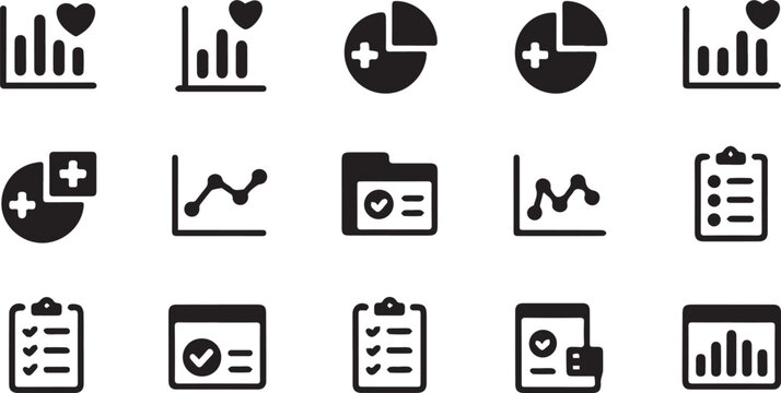 Set of black business icons featuring various data charts graphs clipboard documents and analytical symbols for professional corporate project use