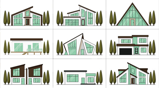 Modern House Architecture Vector Icon Set with Minimalist Home Exterior Designs for Real Estate Agencies Property Development and Construction Company Graphics