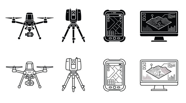 Set of surveying and mapping equipment icons, including drone, laser scanner, handheld data collector, and computer monitor with topographic map, vector illustration