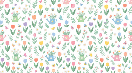 Obraz premium Cute Flat Spring Gardening Seamless Pattern with Pastel Tulips, Flowers, Watering Cans, Bees, and Butterflies Illustration