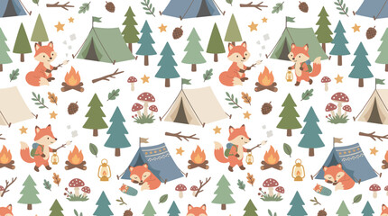 Fototapeta premium Cute Cartoon Foxes Camping in Forest with Tents and Campfires - Seamless Outdoor Nature Pattern for Children