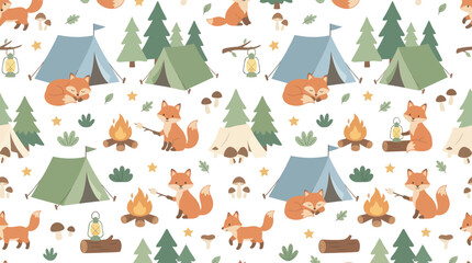 Fototapeta premium Cute Woodland Animals Camping Pattern: Foxes, Tents, Campfires in Flat Vector Art Style