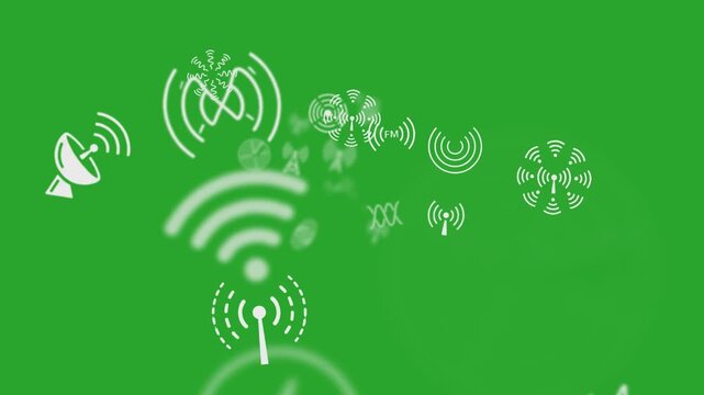 Radio waves wifi signals antenna icons animated on a green screen chroma key background.  floating graphics motion perfect for clip top computer pattern production editing design looping 4k high