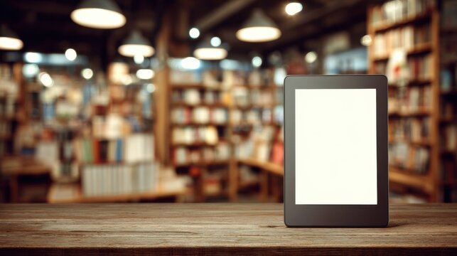 Modern e-Reader on Wooden Table in Cozy Library Setting with Blurred Bookshelves and Soft Lighting for Digital Reading Enthusiasts and Book Lovers