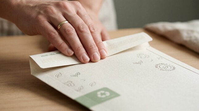 Hand sealing eco friendly reusable bag on wooden table with green recycling symbol