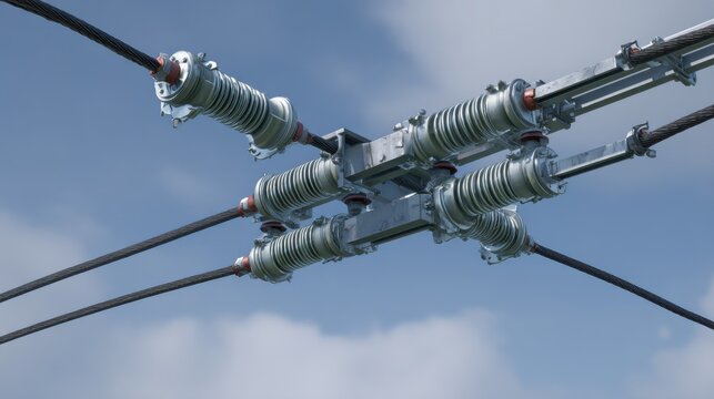 High-Voltage Electrical Insulators on Transmission Line with Clear Blue Sky Background, Powering Modern Energy Solutions and Infrastructure