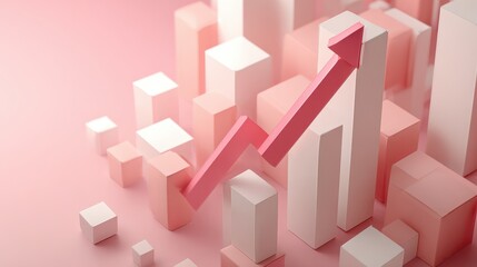 Fototapeta premium Financial success bars, dynamic rising arrow, clean minimal composition, startup revenue growth theme, 3D illustration. 