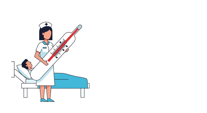 Nurse holding giant thermometer for patient in bed, symbolizing medical diagnosis and healthcare technology