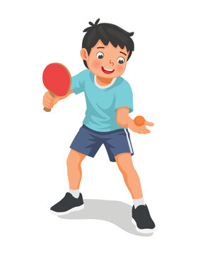 Little boy playing table tennis in serving position ready to strike the ping pong ball with paddle