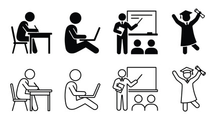 Set of education icons, student studying, teacher presenting at blackboard and graduate student holding diploma, vector illustration © PixelAura_Studio