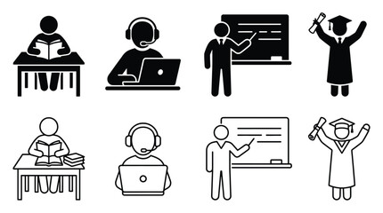 Set of education and elearning icons, including student reading, online support, teacher at blackboard and graduate student, vector illustration © PixelAura_Studio