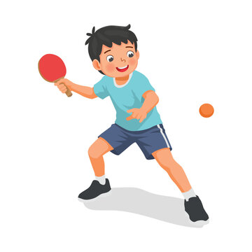 Little boy playing table tennis hitting the ping pong ball with paddle
