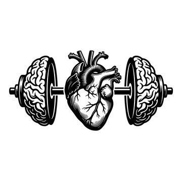Conceptual black and white vector icon of an anatomical heart and brain integrated with a barbell, symbolizing the connection between mental strength, physical health, and smart fitness.
