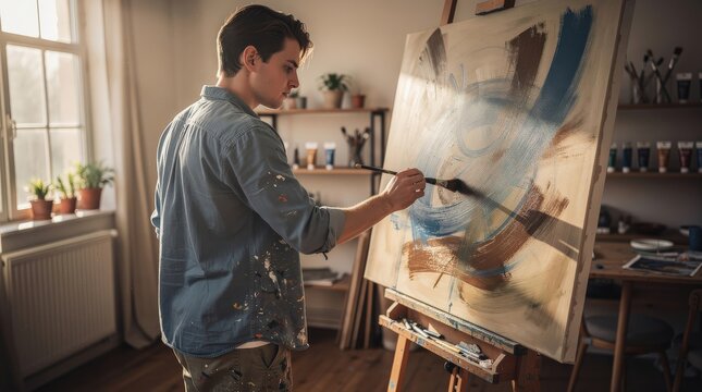 A man paints an abstract artwork on canvas in a cozy, sunlit room filled with art supplies and potted plants.