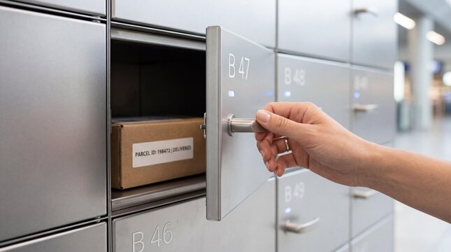 Hand opening secure delivery locker with parcel inside labeled parcel id 198472 delivered