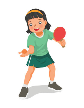 Little girl playing table tennis in serving position ready to strike the ping pong ball with paddle