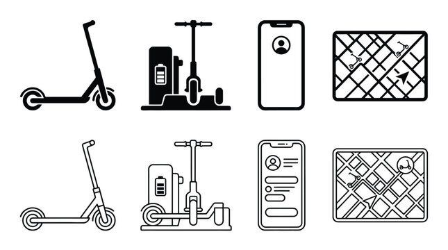 Electric scooter sharing service icons set vector illustration of escooter, charging station, mobile app user profile and city map with scooter locations
