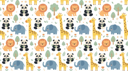 Obraz premium Cute Flat Cartoon Safari Animals Seamless Pattern for Children and Baby Nursery Decoration Illustration