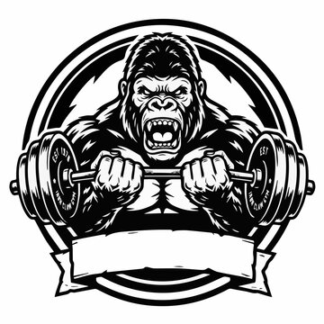 Badass black and white mascot icon of a fierce gorilla bulldog gripping a barbell, perfect for hardcore gym branding, powerlifting clubs, and aggressive fitness apparel.

