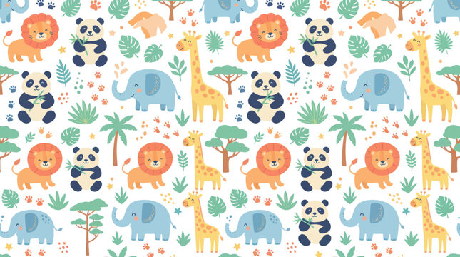 Cute Flat Vector Seamless Pattern of Cartoon Safari and Jungle Animals for Kids Nursery Background