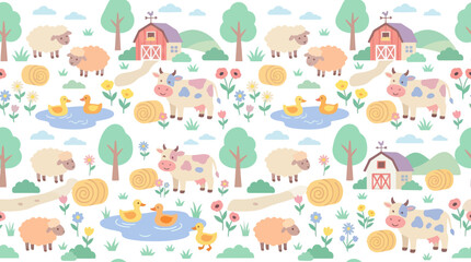 Fototapeta premium Cute Farm Animals Seamless Pattern: Cows, Sheep, Ducks, Barns Hay Bales