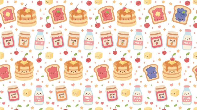 Kawaii Breakfast Pattern: Pancakes, Jam Jars, Milk Bottles, and Toast - Cute Food Art