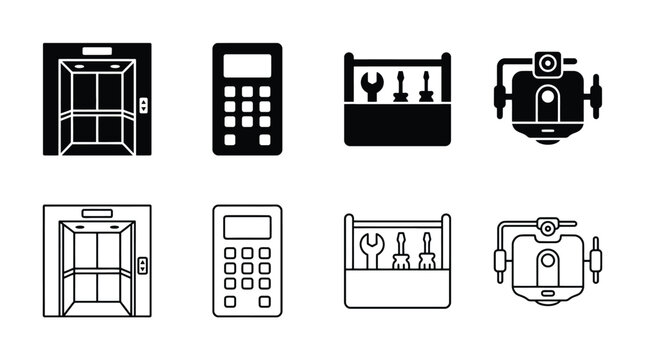 Set of elevator, calculator, toolbox and camera icons vector illustration
