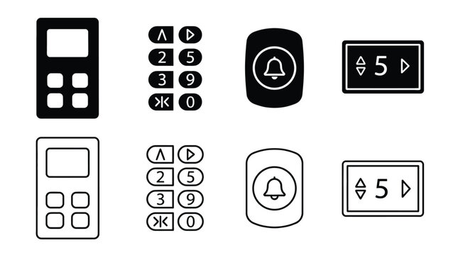 Elevator control panel icons set, lift buttons for floor selection, alarm, and door control, vector illustration of elevator interface elements in solid and outline styles