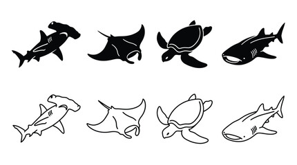 Set of marine animals silhouettes and outline icons, hammerhead shark, manta ray, sea turtle and whale shark, vector illustration © PixelAura_Studio