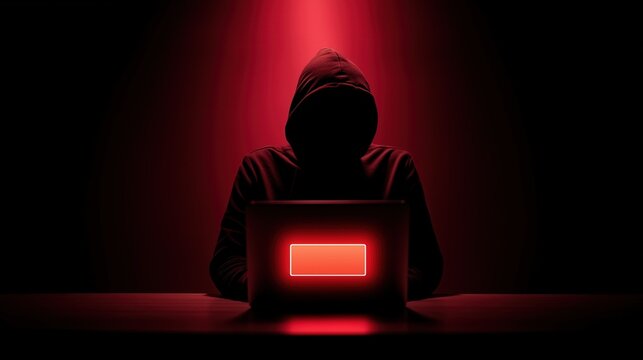 A hooded figure sits in front of a glowing laptop in a dark, red-lit room, symbolizing anonymity and cyber activity.