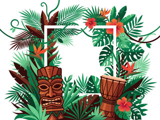 Tropical Tiki Party Vector Background with Frame, Polynesian Mask, Djembe Drum, and Hibiscus Flowers © Olga