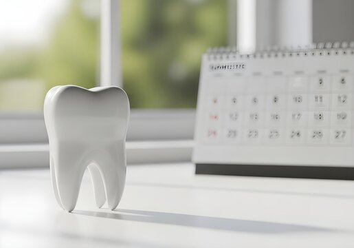 Dental tooth model on desk with calendar in background