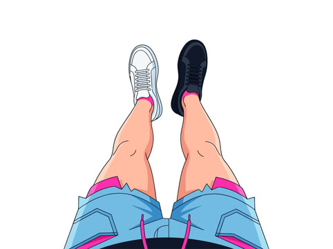POV Vector Illustration of Mismatched Black and White Sneakers, Trendy Fashion Concept of Person Wearing Different Shoes in First-Person View