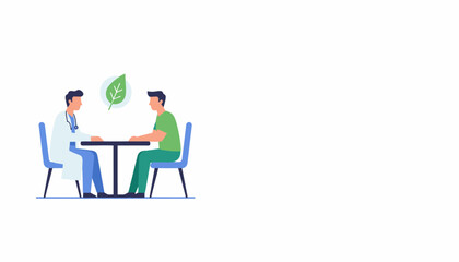 Fototapeta premium Doctor with stethoscope consulting patient, discussing health and wellness with a green leaf symbol overhead.