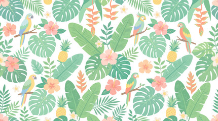 Fototapeta premium Tropical Seamless Pattern with Parrots, Leaves, Flowers, and Pineapples - Flat Style