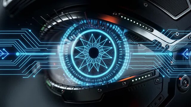Futuristic robotic eye with glowing blue and red circuits analyzing data in dark cyber technology scene