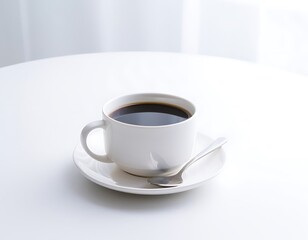 Obraz premium A Simple White Cup of Hot Black Coffee on a Bright White Table.