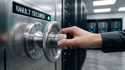 Fototapeta premium Person unlocking secured vault with digital display in data center accessing secure server room