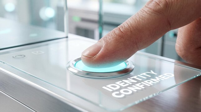 Finger pressing identity confirmed button on futuristic security scanner with glowing blue light