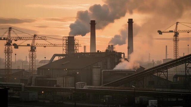 Industrial complex at dusk with thick smoke from towering smokestacks under evening sky