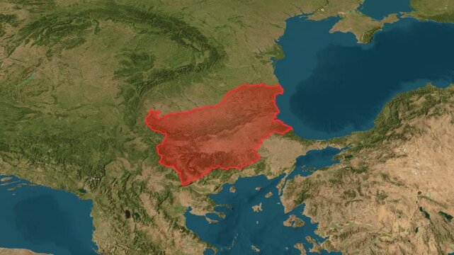 Bulgaria country borders highlighted in red on a 3D satellite terrain map with cinematic orbital camera rotation revealing the southeastern European landscape