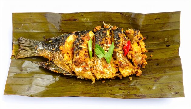 Pepes ikan wrapped banana leaf fish dish, isolated on white background