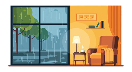 Fototapeta premium Cozy living room with armchair and lamp, overlooking rainy cityscape through large window