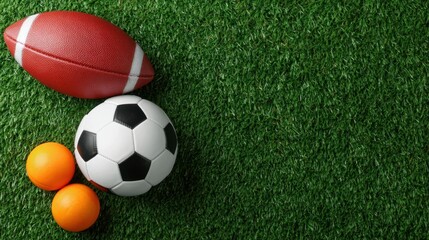 Fototapeta premium Close-up of American football, classic black and white soccer ball, and two orange ping pong balls on vibrant green artificial grass background with space